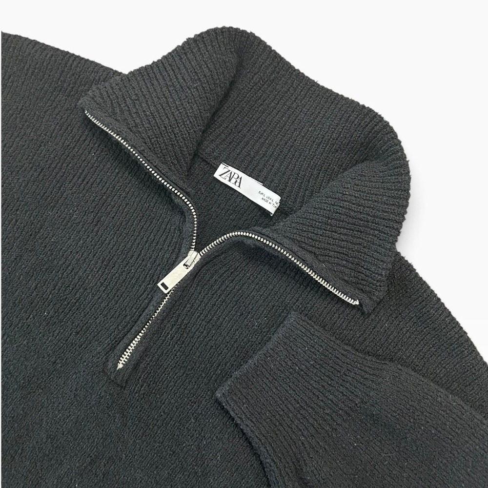 Zara Black Ribbed Quarter Zip Cropped Knit Sweater Size L Quiet Luxury - Picture 1 of 6